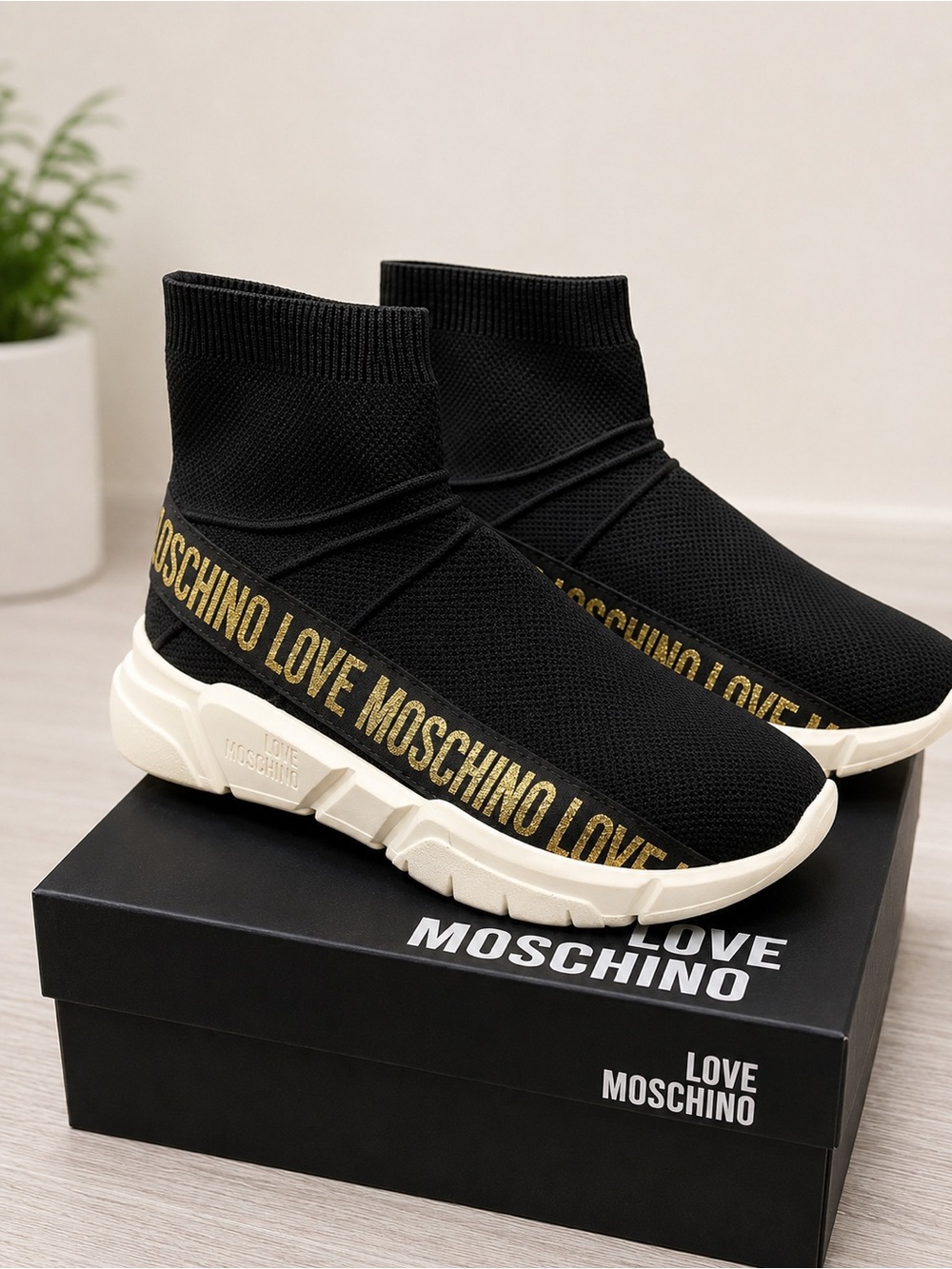 Love Moschino Logo Sock High Top Sneakers Black Gold EU 38